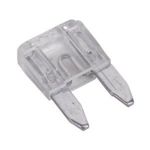 The Sealey Automotive MINI Blade Fuse MBF2550, rated at 25A, is a transparent, rectangular fuse with two metallic prongs suitable for automotive use. This product comes in a pack of 50.