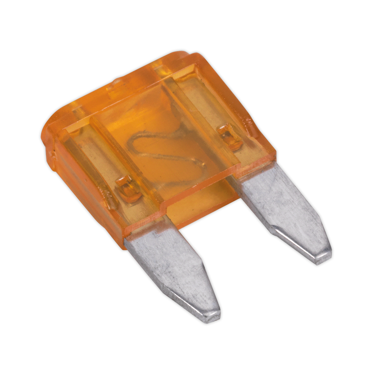 Close-up view of a small, rectangular orange 5A blade fuse with two silver metal prongs from the Automotive MINI Blade Fuse 5A Pack of 50 (MBF550) by Sealey.