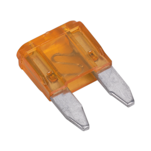 Close-up view of a small, rectangular orange 5A blade fuse with two silver metal prongs from the Automotive MINI Blade Fuse 5A Pack of 50 (MBF550) by Sealey.