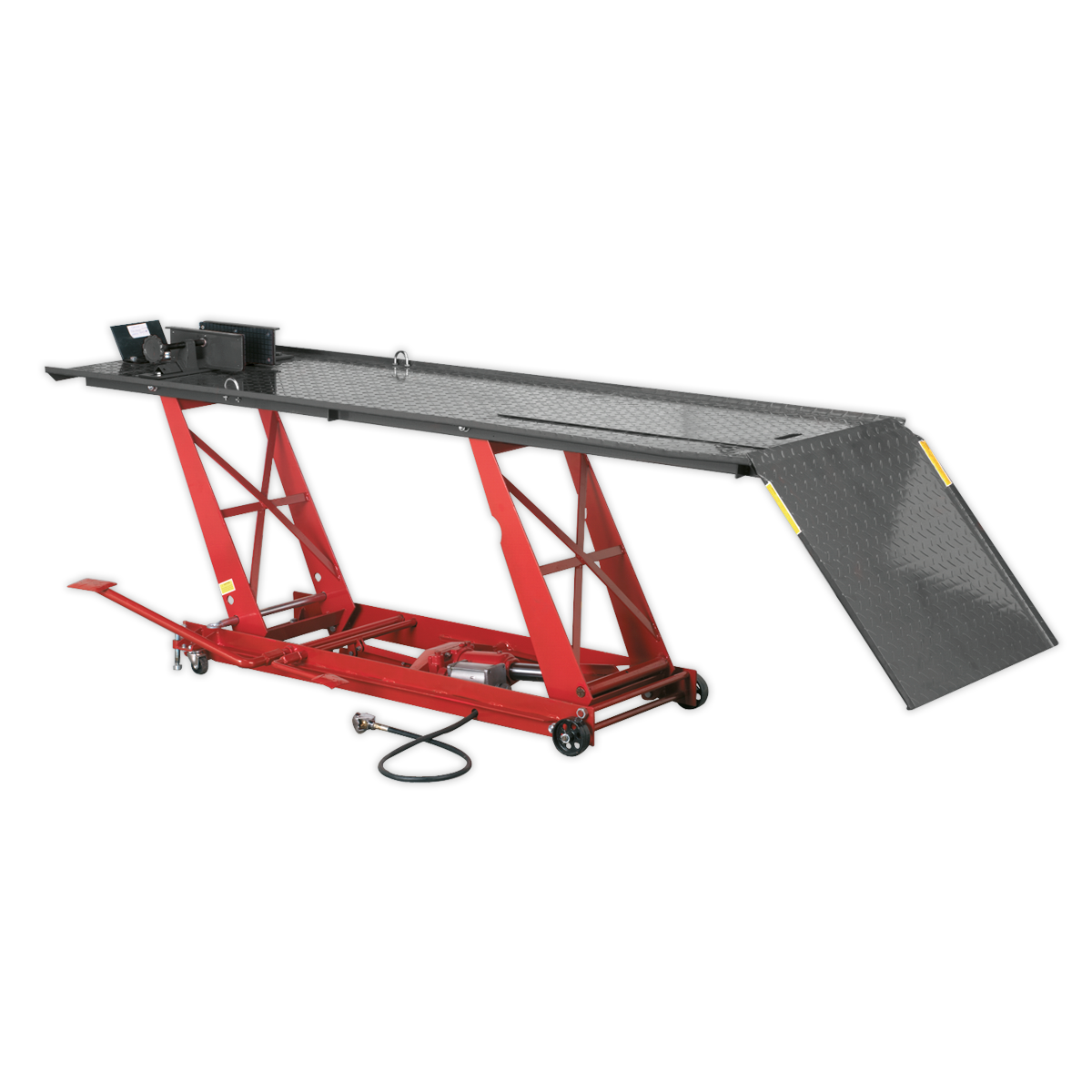 The Sealey Motorcycle Lift MC401A, with a 454kg capacity, features a vibrant red design and diamond plate surface. It includes an air/hydraulic lifting system, wide ramp for easy access, and integrated safety lock device.