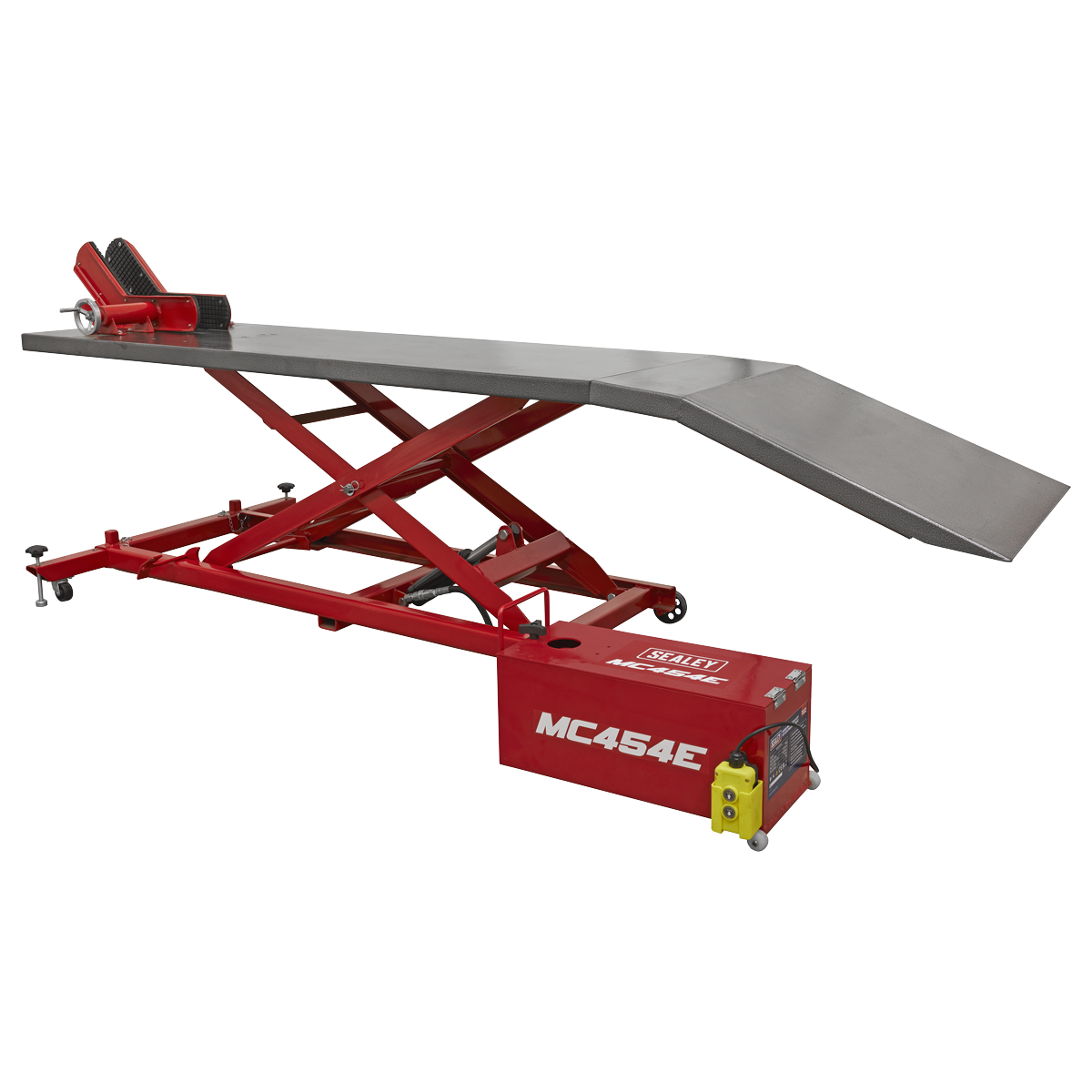 A red Sealey Motorcycle Lift 450kg - 12V Electro/Hydraulic - MC454E, featuring an extended ramp and an electro/hydraulic lifting system with a control box.