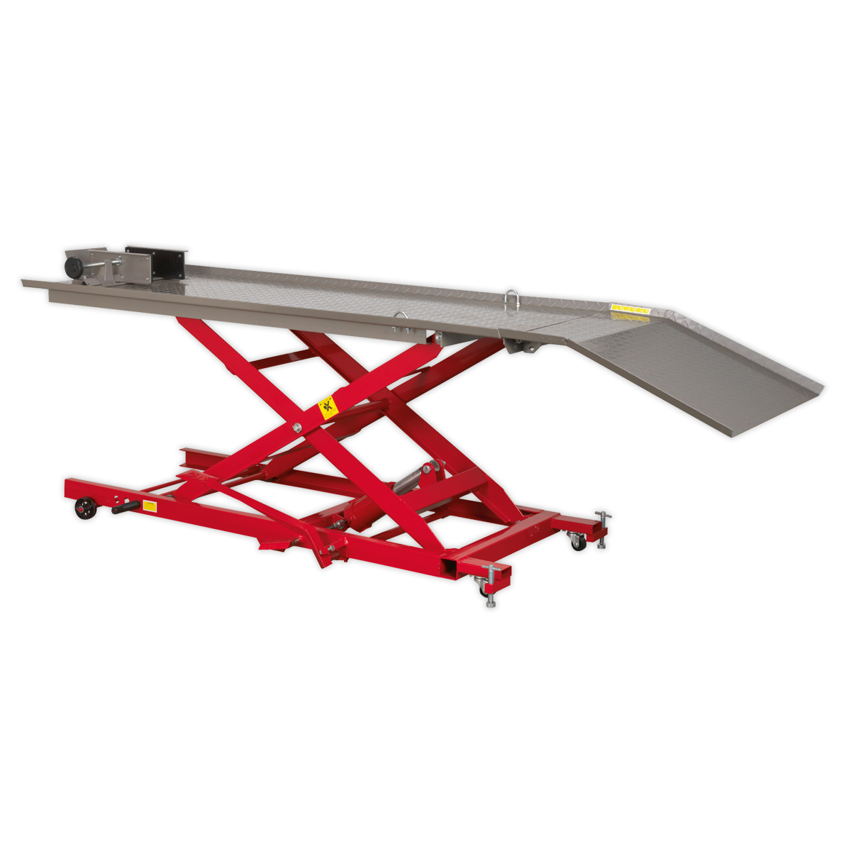 A Sealey Hydraulic Motorcycle Lift 450kg Capacity - MC454 in red, equipped with wheels and a reliable safety lock device, displayed in a fully raised position for lifting vehicles or heavy equipment.