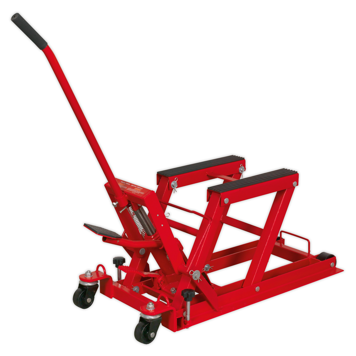 The Sealey Motorcycle & Quad Lift MC480, a red hydraulic lifting device with a handle and four wheels, features lifting arms and heavy steel construction to support motorcycles for maintenance, with a capacity of 680kg.