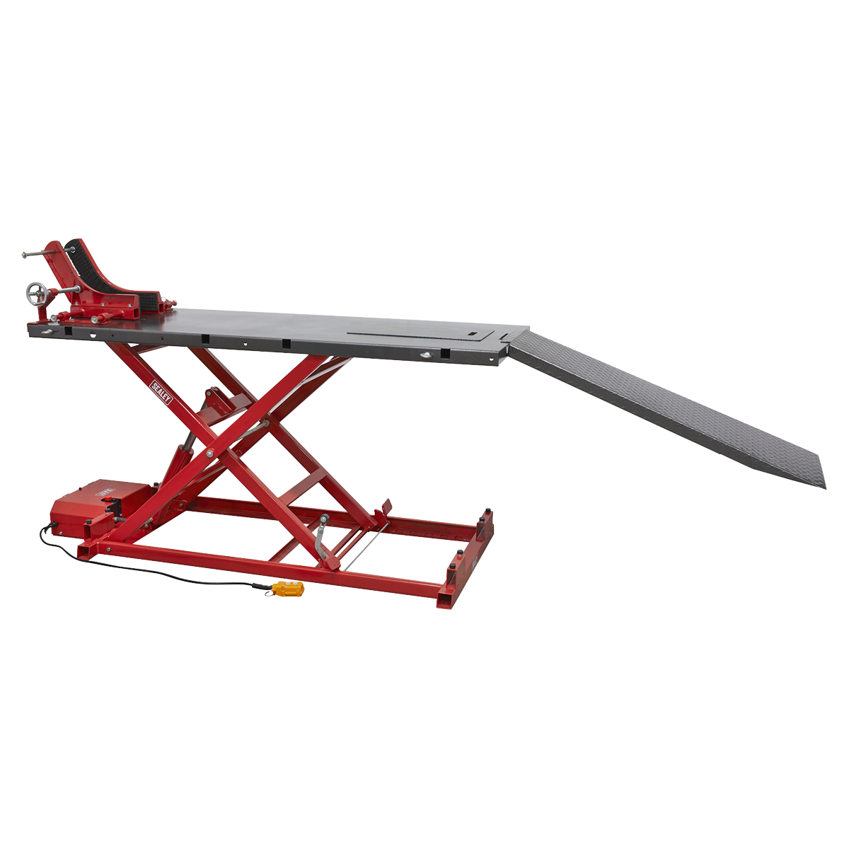 The Sealey Motorcycle Lift MC680E boasts a robust design with a 680kg capacity, featuring a red finish, an extended platform, and a sturdy ramp. It also includes a front wheel clamp to securely hold the motorcycle during maintenance tasks. The electro/hydraulic lifting system guarantees smooth elevation and comes equipped with an intuitive control unit for easy operation.