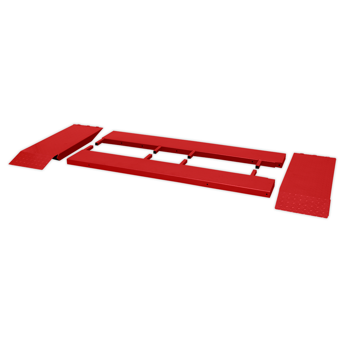 The red Sealey MC680E automotive lift platform features ramps on both ends, specifically designed for vehicle maintenance and repair. This versatile tool can be equipped with the Sealey Extension Side Ramps for MC680E 4pc (MC680EXK) to effortlessly accommodate ATVs and motorcycles.