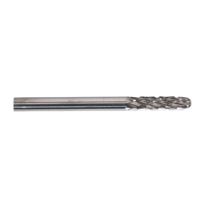 The Sealey Micro Carbide Burr Ball Nose Cylinder 3mm, available in a pack of 3 under model number MCB002, features a cylindrical shank and textured cutting head. It is ideal for material removal and shaping in machining applications, and particularly effective for smoothing welded seams.