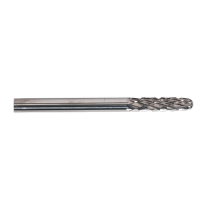 The Sealey Micro Carbide Burr Ball Nose Cylinder 3mm, available in a pack of 3 under model number MCB002, features a cylindrical shank and textured cutting head. It is ideal for material removal and shaping in machining applications, and particularly effective for smoothing welded seams.