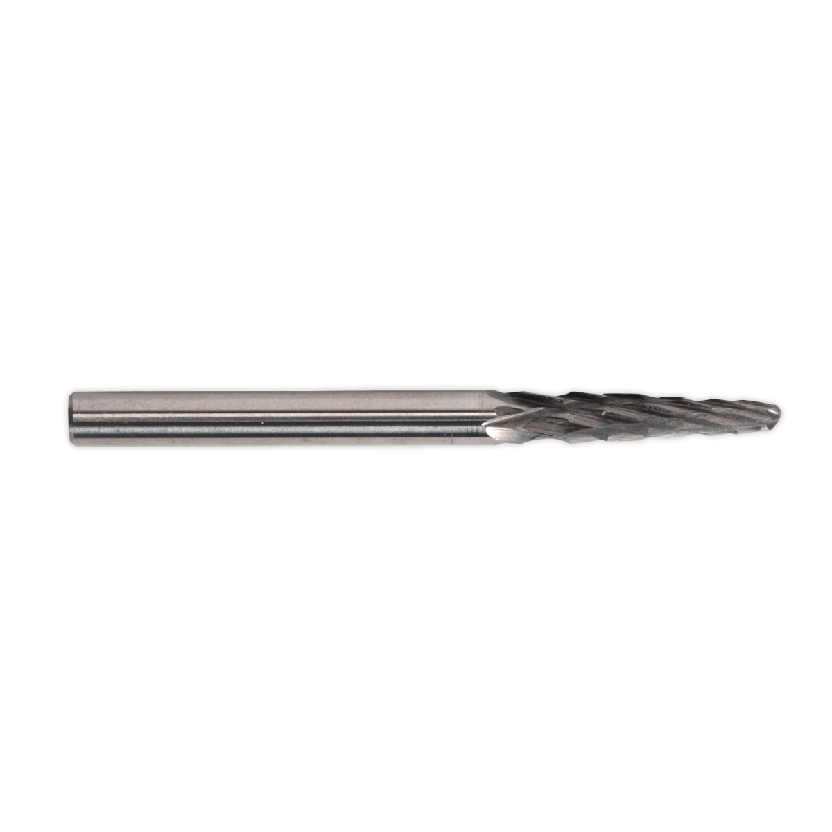 The Sealey Micro Carbide Burr Ball Nose Taper 3mm (Pack of 3, model MCB004) features a cylindrical shank and a spiraled flute cutting surface, making it ideal for precision work on both soft and hard metals.