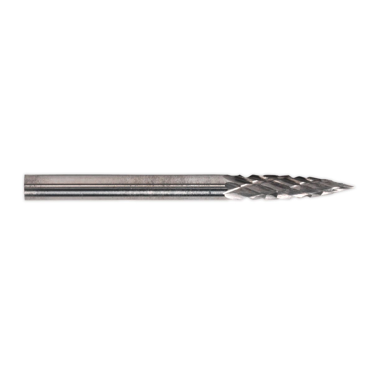 A close-up of the Sealey Micro Carbide Burr Pointed Tree 3mm from Pack of 3 - MCB005, featuring a tungsten carbide burr with a spiral cutting edge and pointed tip.