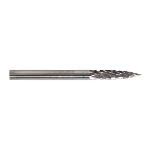 A close-up of the Sealey Micro Carbide Burr Pointed Tree 3mm from Pack of 3 - MCB005, featuring a tungsten carbide burr with a spiral cutting edge and pointed tip.