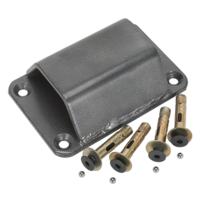 The Sealey Motorcycle Ground Anchor - MCGA01, equipped with four security bolts and washers arranged beside it, offers a heavy-duty and secure locking point for motorcycles.