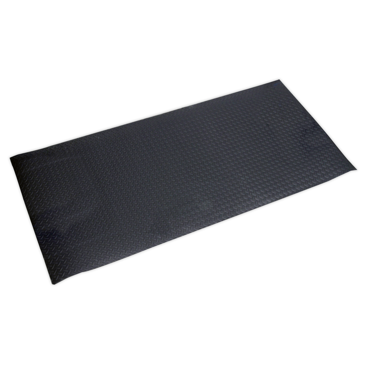 The Sealey Anti-Fatigue Workshop Matting 910 x 1980mm - MCR0919 is a black rubber floor mat featuring a diamond pattern. This rectangular, slip-resistant mat offers cushioned support, ensuring comfort and safety during prolonged standing periods.