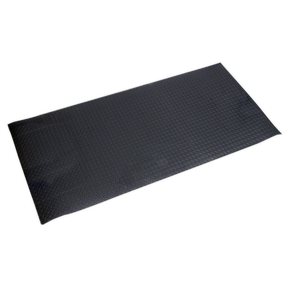 The Sealey Anti-Fatigue Workshop Matting 910 x 1980mm - MCR0919 is a black rubber floor mat featuring a diamond pattern. This rectangular, slip-resistant mat offers cushioned support, ensuring comfort and safety during prolonged standing periods.