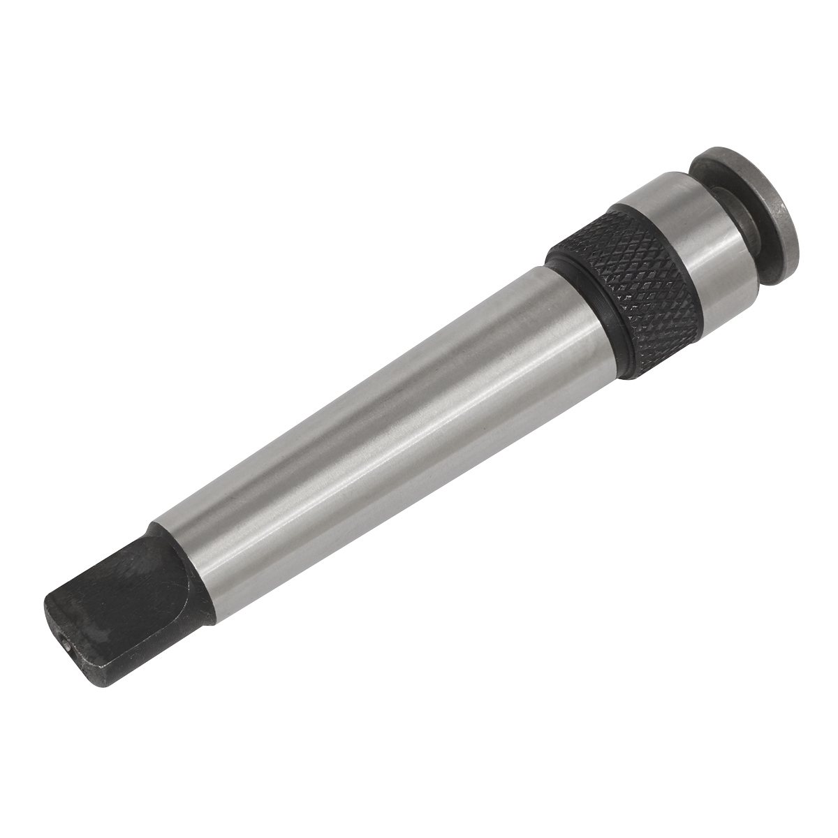 The Sealey Magnetic Drill Tapping Chuck M14 - MDTCM14 is a cylindrical metal tool featuring a knurled grip, tapering towards one end with a flat square tip and a round button-like structure at the broader end, making it ideal for use with heavy-duty magnetic drilling machines like the MAG60110VHD.