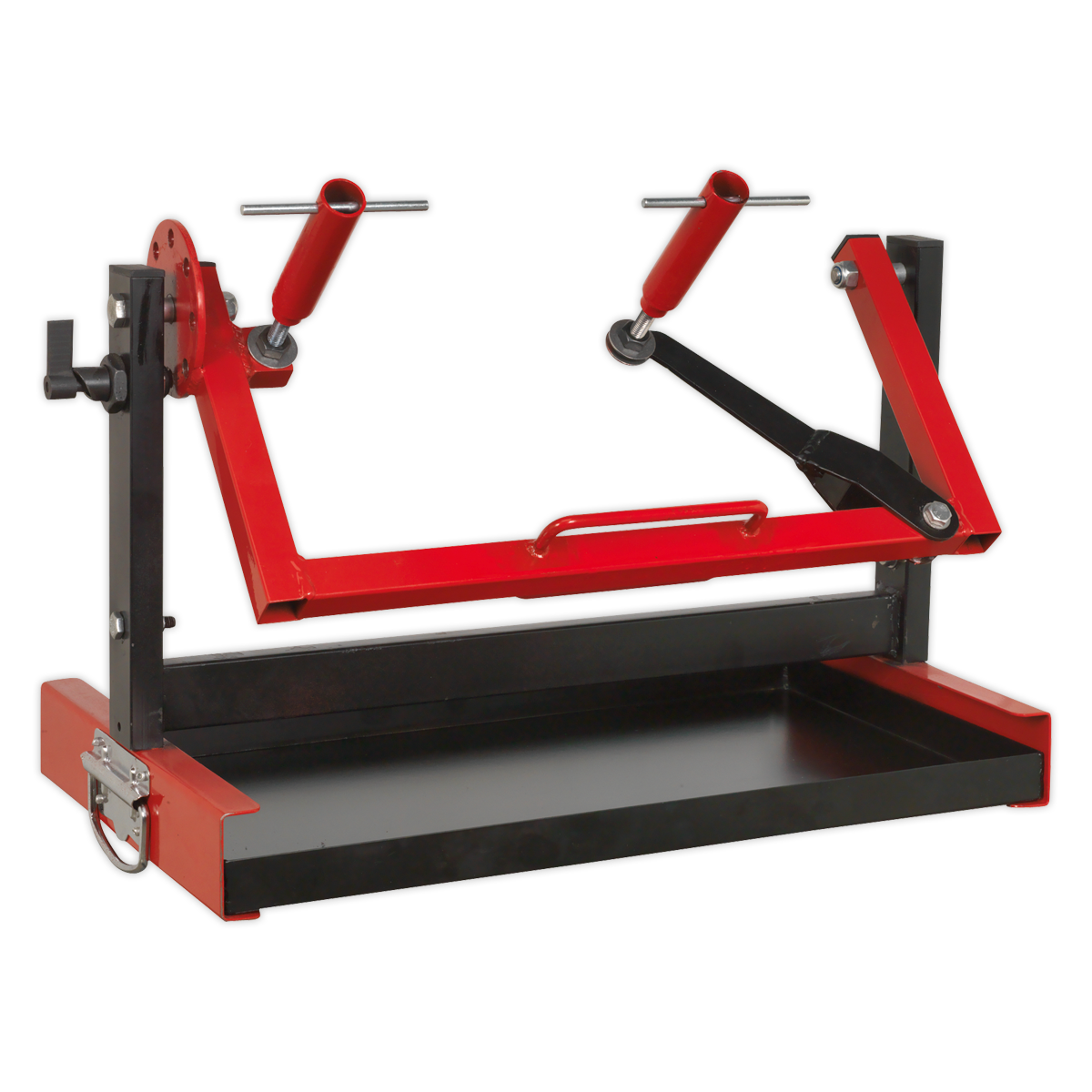 The Sealey Motorcycle Engine Stand - Single/Twin Cylinder - MES01 is a red and black mechanical device featuring adjustable arms, a rectangular base, and an integrated utility tray, designed for securely mounting or holding objects in place.