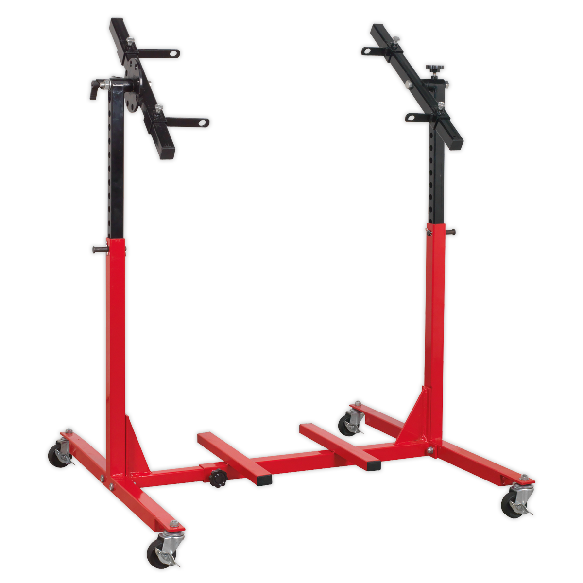 The Sealey Engine Rebuild Stand - Multi-Cylinder 75kg Capacity - MES02 is a red and black stand featuring four swivel casters and adjustable supports for multi-cylinder engines.