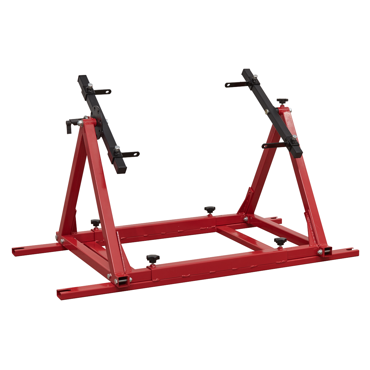 The Sealey Engine Rebuild Stand - Multi-Cylinder 100kg - MES03 is a red and black adjustable support stand designed for mounting and rotating multi-cylinder engines during maintenance or repair work.