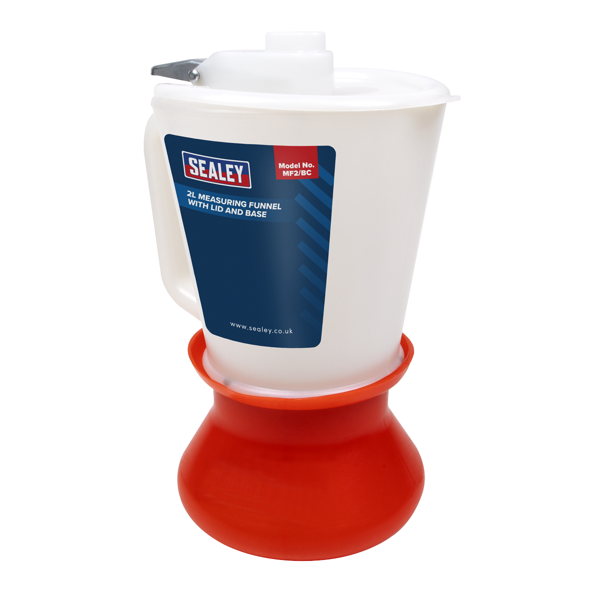 A Sealey white 2L measuring funnel with a lid and red base, branded "Sealey," is ideal for oils and similar viscosity liquids. The jug and funnel combo, labeled with model number MF2/BC, ensures precise measured quantities of fluid every time.