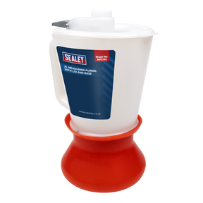 A Sealey white 2L measuring funnel with a lid and red base, branded "Sealey," is ideal for oils and similar viscosity liquids. The jug and funnel combo, labeled with model number MF2/BC, ensures precise measured quantities of fluid every time.