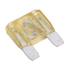 A close-up view of a Sealey Automotive MAXI Blade Fuse 20A (MF2010) with metal contacts on a white background.