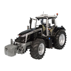 A Massey Ferguson - Mf 7S.190 Black_ 1:32 tractor by AGCO, with large tires, is shown from a front angle.