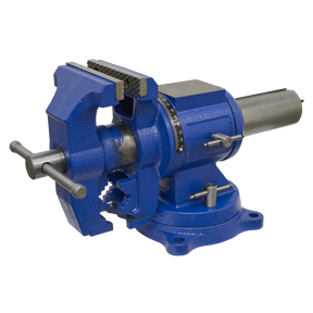 A Sealey Vice Cast Iron Multifunction Swivel Base 150mm (MFV150) features a blue metal finish, 360° swivel base, replaceable jaws, and dual handle adjustments.