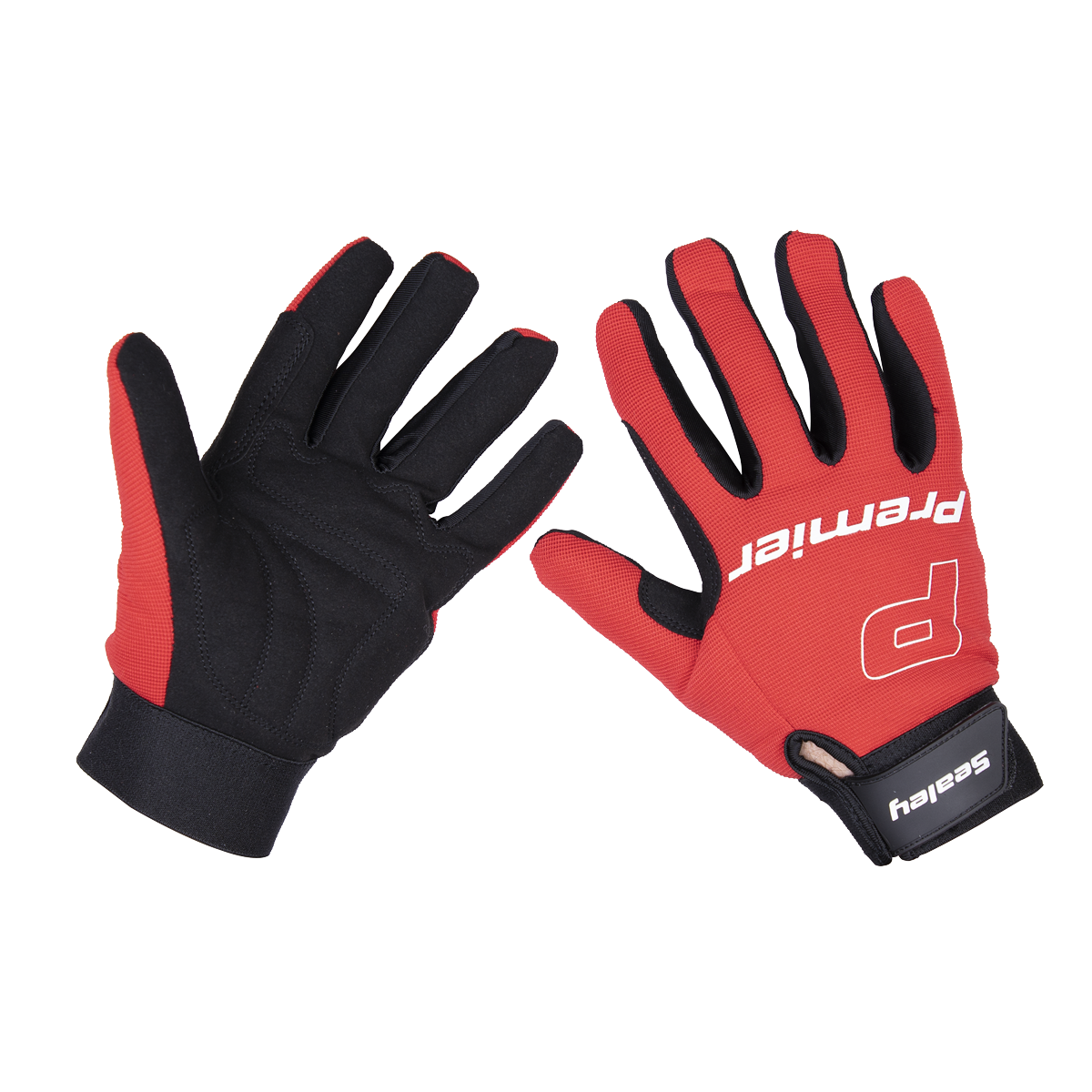 A pair of Mechanic's Gloves Padded Palm - Extra-Large Pair - MG796XL by Sealey, featuring "Premier" and "Safety" text on the spandex back. One glove, renowned for its vibration protection, reveals the palm side while the other showcases its snug-fitting design from the back.