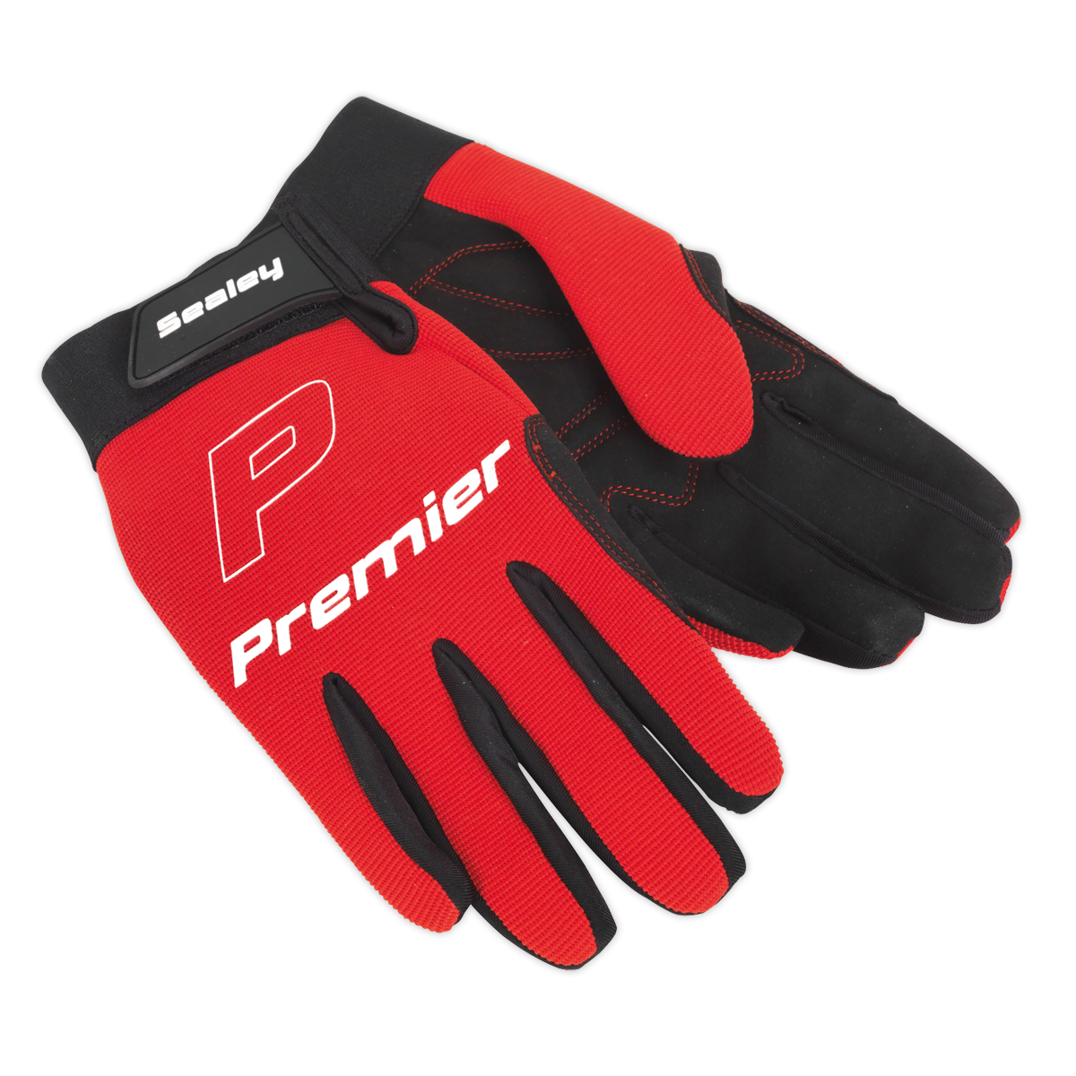 A pair of red and black Sealey Mechanic's Gloves Padded Palm in extra-large (model MG796XL), featuring the letter "P" and the brand name "Premier" on the top side, with a Spandex back for added flexibility.