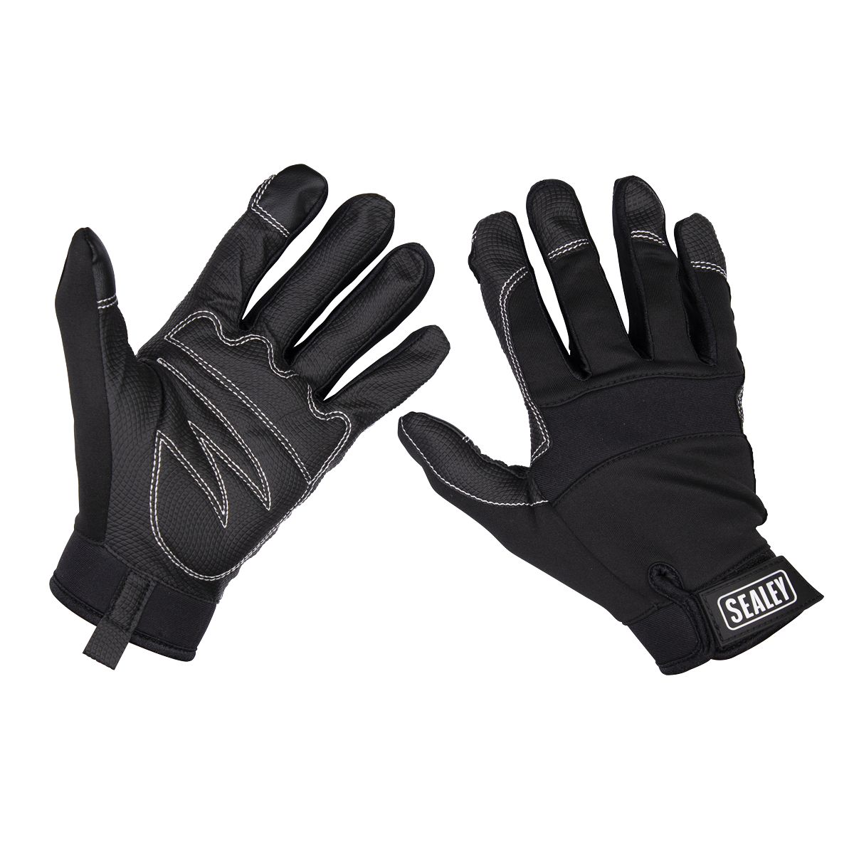 Two black touchscreen gloves with white stitching and a small 'Sealey' logo on the wrist of one glove, displayed with palms and backs visible. The anti-slip palms ensure precision control in various tasks. The product is the Mechanic's Gloves Light Palm Tactouch - Large (MG798L) by Sealey.