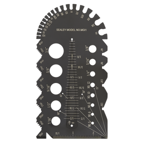 A stainless steel gauge tool with various measurement scales, labeled "Sealey Multi-Gauge - Imperial - MGI1," features circular cutouts, gear-shaped teeth, and angled lines for precise measurements, also serving as a multifunction pitch identification tool.