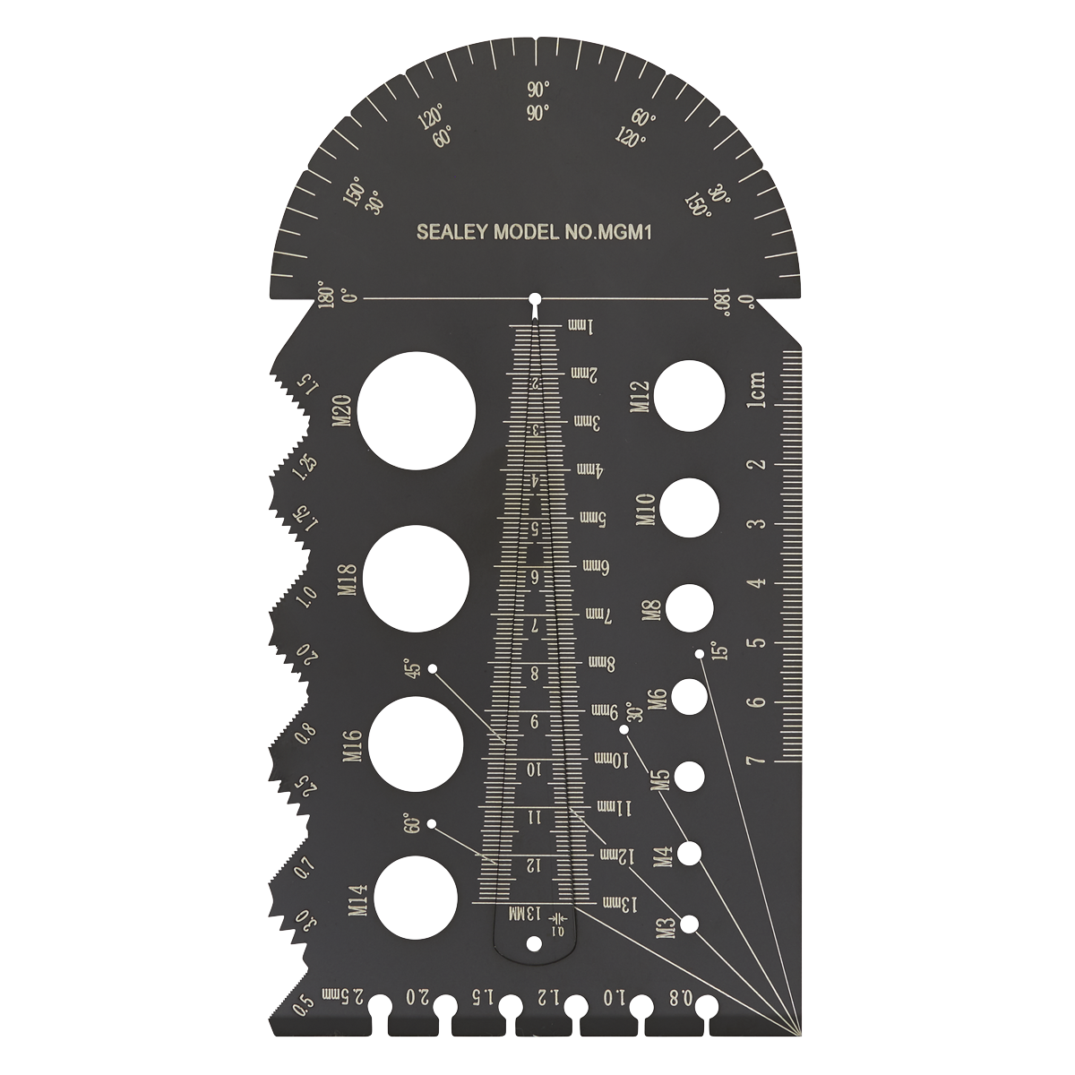 A black multi-functional measurement tool, the Sealey Multi-Gauge - Metric - MGM1, featuring a protractor at the top, various size gauges, and measurement scales for different units and threads. The stainless steel thread gauge aids in bolt screw diameter and metric pitch identification.