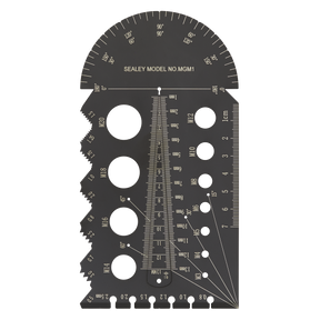 A black multi-functional measurement tool, the Sealey Multi-Gauge - Metric - MGM1, featuring a protractor at the top, various size gauges, and measurement scales for different units and threads. The stainless steel thread gauge aids in bolt screw diameter and metric pitch identification.