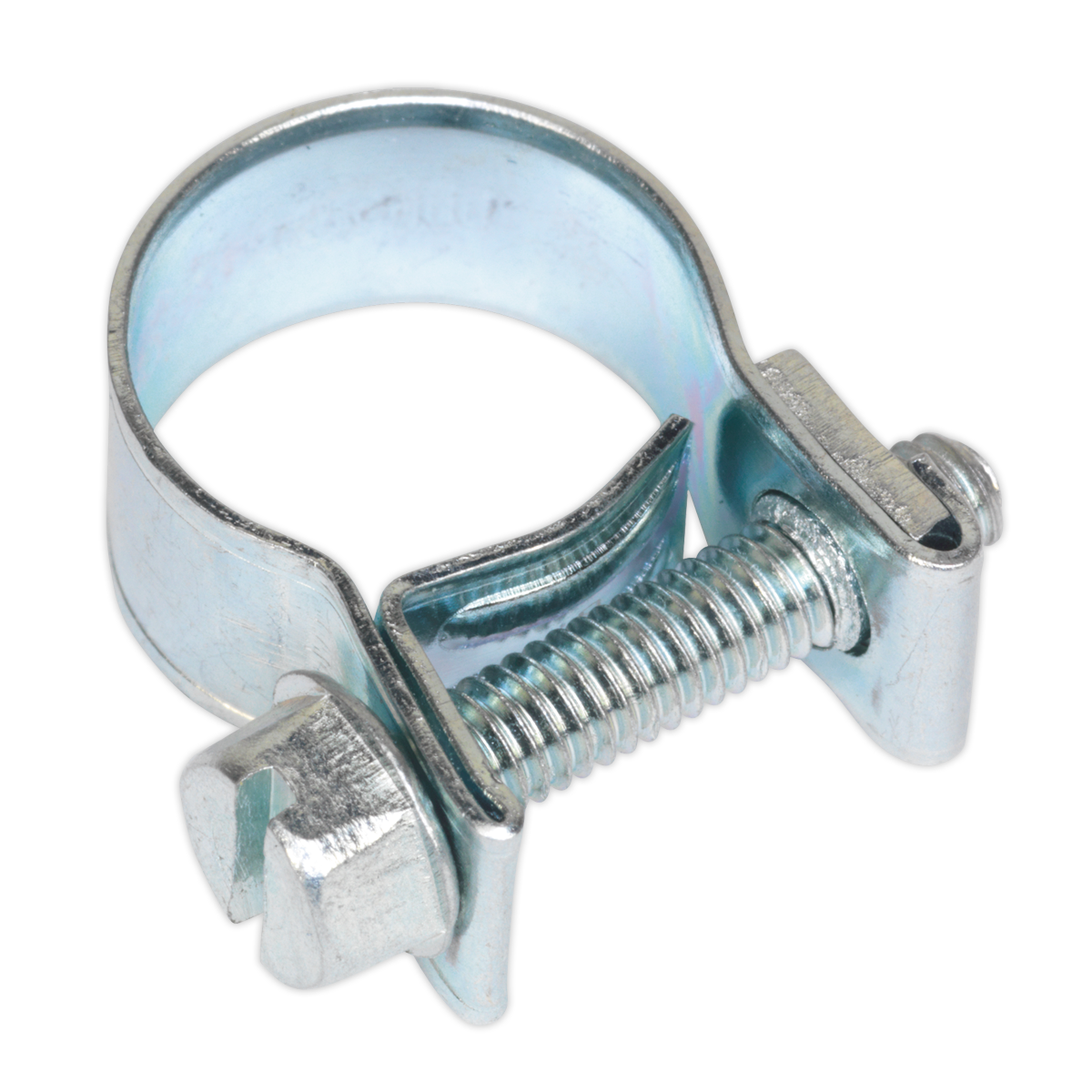 The Sealey Mini Hose Clip Ø12-14mm, available in a pack of 30 (model MHC1214), is zinc-plated and features a screw mechanism for tightening and securing hoses, crafted in compliance with DIN 3017 standards.