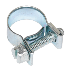 The Sealey Mini Hose Clip Ø12-14mm, available in a pack of 30 (model MHC1214), is zinc-plated and features a screw mechanism for tightening and securing hoses, crafted in compliance with DIN 3017 standards.