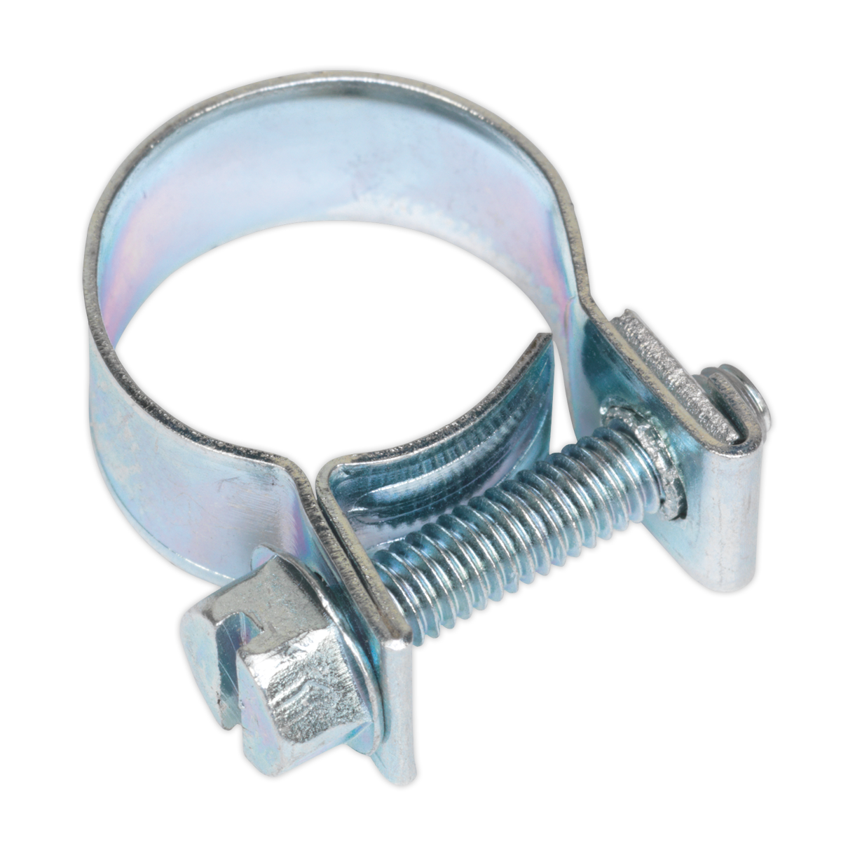 The Sealey Mini Hose Clip Ø14-16mm Pack of 20 - MHC1416 is a zinc-plated hose clip compliant with DIN 3017, featuring a screw mechanism for tightening and securing hoses in place.