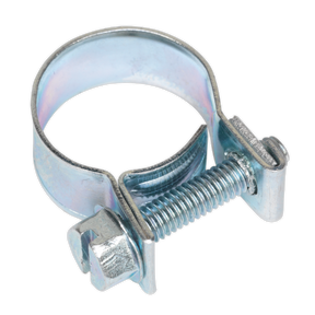 The Sealey Mini Hose Clip Ø14-16mm Pack of 20 - MHC1416 is a zinc-plated hose clip compliant with DIN 3017, featuring a screw mechanism for tightening and securing hoses in place.