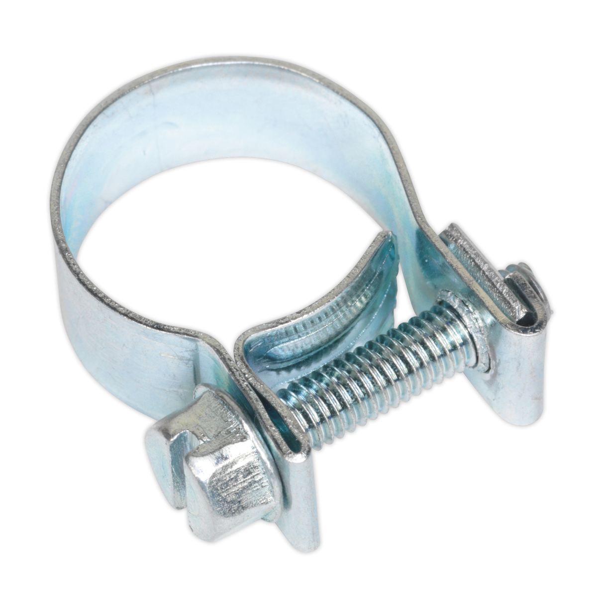 The Sealey Mini Hose Clip Ø15-17mm Pack of 20 (MHC1517) features zinc-plated, metal hose clamps with a screw mechanism for tightening, and they conform to DIN 3017 standards.