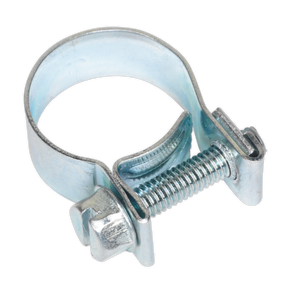 The Sealey Mini Hose Clip Ø15-17mm Pack of 20 (MHC1517) features zinc-plated, metal hose clamps with a screw mechanism for tightening, and they conform to DIN 3017 standards.