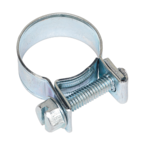 The Sealey Mini Hose Clip Ø16-18mm Pack of 20 - MHC1618 is a zinc plated metal hose clamp featuring a screw mechanism, designed to secure hoses to fittings and compliant with DIN 3017 standards.