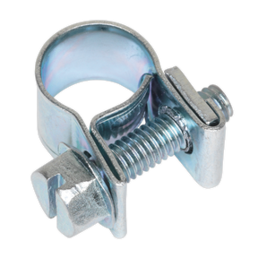 The Sealey Mini Hose Clip Ø7-9mm Pack of 30 (MHC79) features a zinc-plated finish and a threaded screw mechanism for tightening and securing hoses. It complies with DIN 3017 standards.