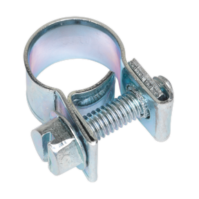 Close-up of a Sealey Mini Hose Clip Ø9-11mm with zinc plating and a screw for tightening, adhering to DIN 3017 standards. Pack of 30 - MHC911.