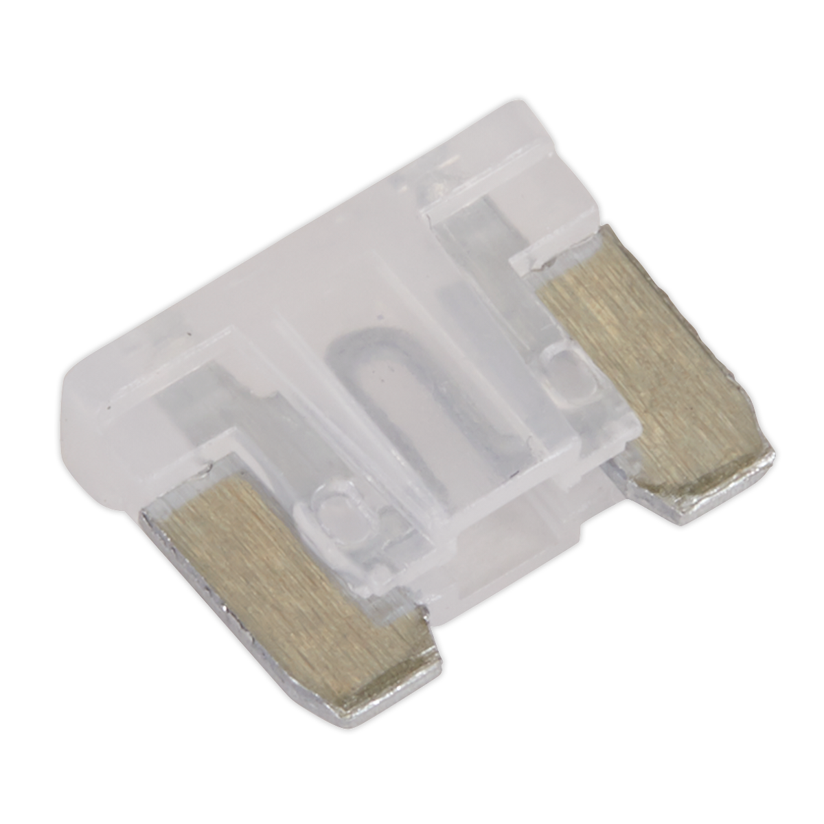 A close-up image of a transparent Sealey Automotive MICRO Blade Fuse 25A, model MIBF25, with metal prongs showcases its precision design.