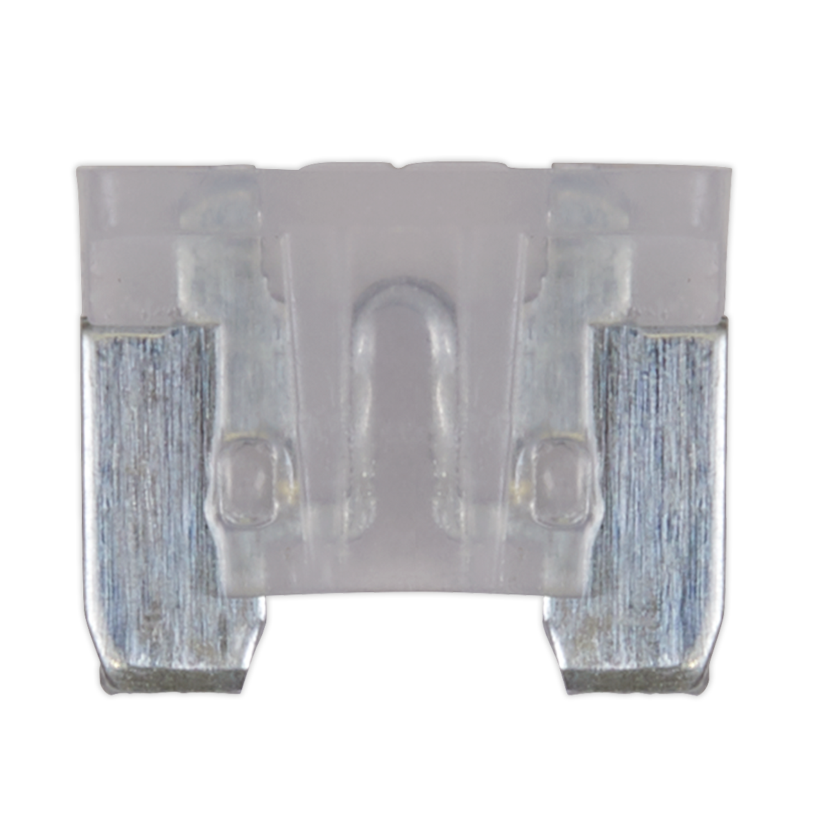 Close-up image of a small, clear Sealey Automotive MICRO Blade Fuse, model MIBF25, with two metal prongs designed for electrical circuits, rated as a 25A fuse.