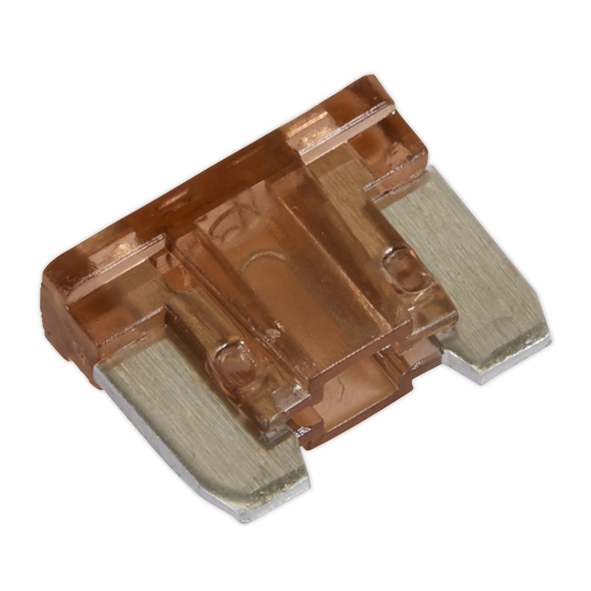 A close-up image of a small, rectangular, orange Sealey Automotive MICRO Blade Fuse MIBF75 with two metal prongs rated at 7.5A, available in a pack of 50.