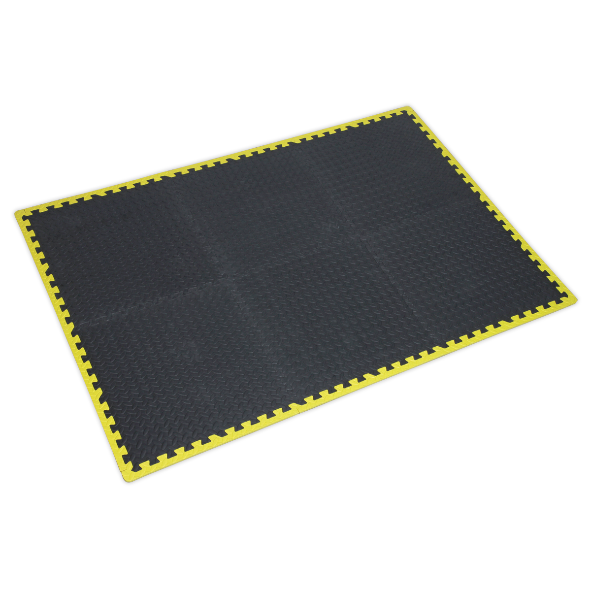 The Sealey Interlocking EVA Foam Workshop Mat Set 1240 x 1825mm with Hi-Vis Edges - MIC1218Y3 features a black rectangular mat with a yellow border and interlocking edges, designed for enhanced fatigue relief.