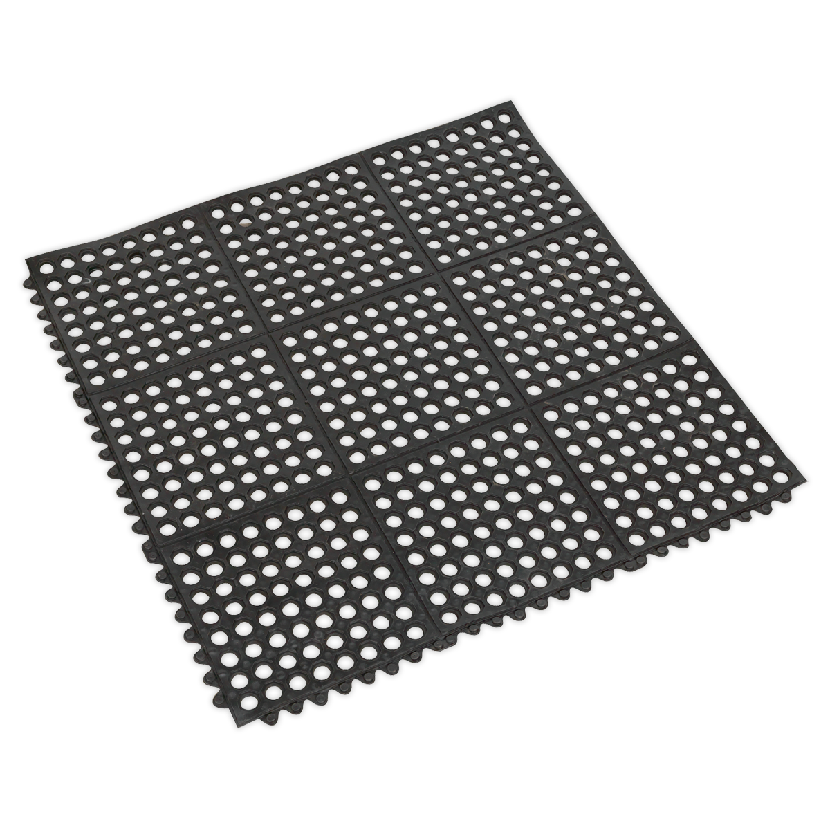 The Sealey Interlocking Anti-Fatigue Matting 920 x 920mm - MIC9292 is a black rubber mat designed with circular holes in a grid pattern. It features scalloped edges and offers flexibility and durability, providing excellent relief from fatigue.