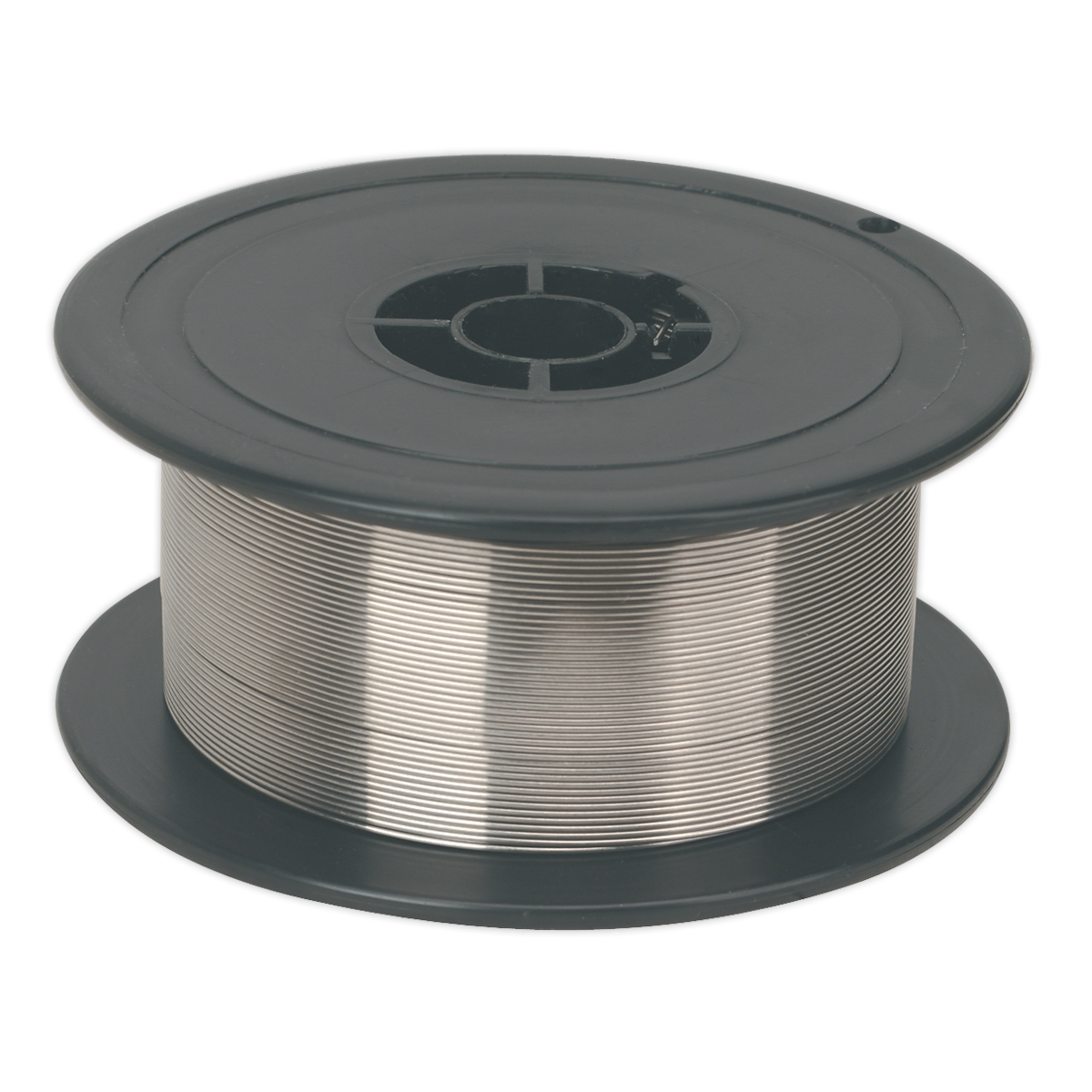 A spool of Sealey's Stainless Steel MIG Wire 1kg Ø0.8mm 308(S)93 Grade - MIG/1K/SS08, neatly wound, with a central hole and gray plastic flanges on either side, meeting the BS EN ISO 14341:2008 standard.