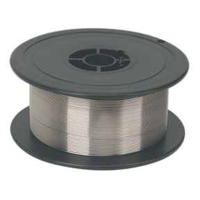 A spool of Sealey's Stainless Steel MIG Wire 1kg Ø0.8mm 308(S)93 Grade - MIG/1K/SS08, neatly wound, with a central hole and gray plastic flanges on either side, meeting the BS EN ISO 14341:2008 standard.