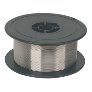 A spool of Sealey's Stainless Steel MIG Wire 1kg Ø0.8mm 308(S)93 Grade - MIG/1K/SS08, neatly wound, with a central hole and gray plastic flanges on either side, meeting the BS EN ISO 14341:2008 standard.