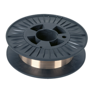 A spool of Copper Silicone Bronze MIG Wire 4kg 0.8mm C9 Grade - MIG/4K/BW08 from Sealey, coiled around a black plastic reel, suitable for 3D printing or welding applications like BS 2901PT3 and ELECTROMIG195.